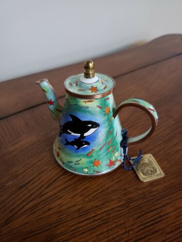 Charlotte DiVita Hand Painted Miniature Teapot- Orca Whales - Picture 1 of 7