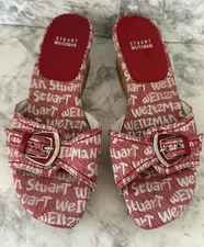 Stuart Weitzman Red Graffiti Logo Sandals Womens 8.5 B Wooden Wedge Slip On