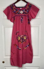 Handmade Pink Mexican Girls Boho Floral Embroidered Puebla Dress