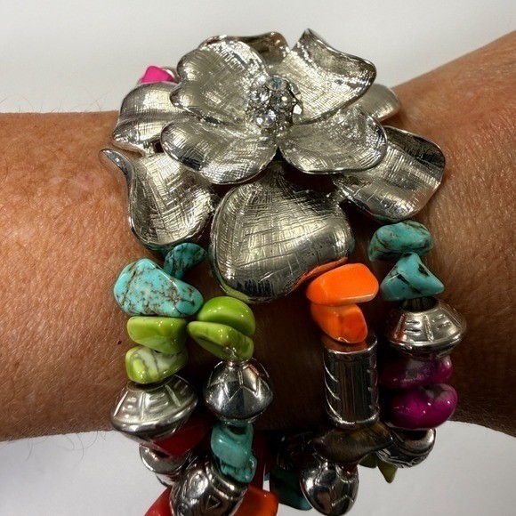 Multi Strand Bracelet Beaded Stacking Silver Tone… - image 2