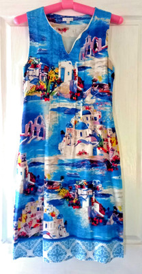 W.Lane Linen Blend Dress sz 8 Santorini Print Sleeveless V Neck Shift Pockets