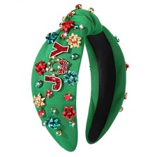 Christmas Headband Women Jeweled Xmas Plaid Pearl Knotted Wide Top Knot JOY