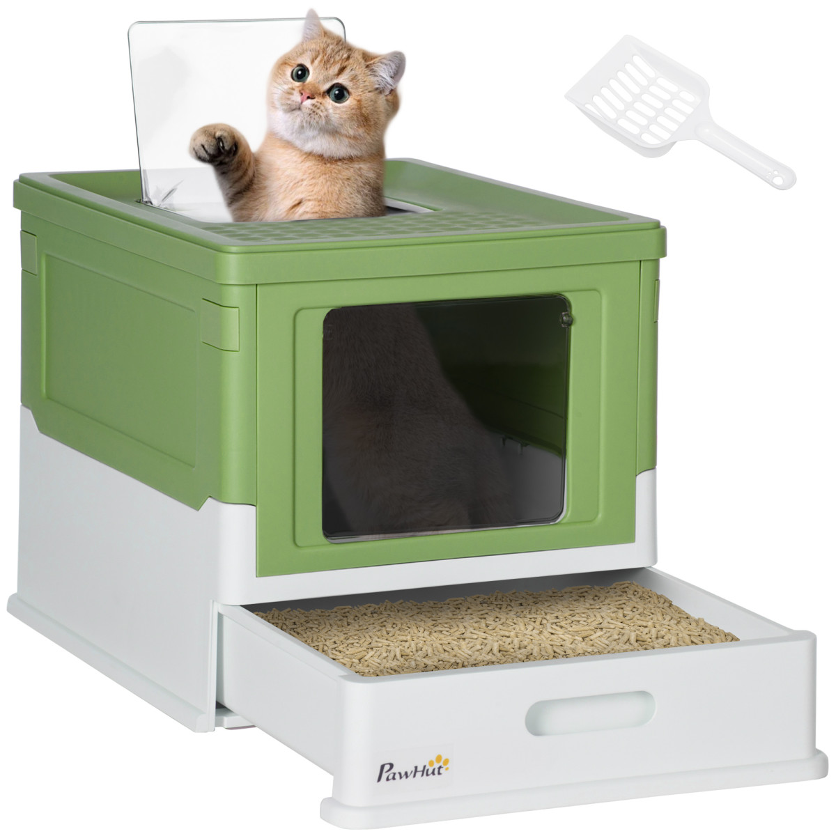 PawHut Hooded Cat Litter Box - Lime Green, Green - with Scoop and Tray - Image 2
