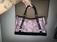 Ed HardyPink Leopard Print Satchel with Detachable Strap, Skull Heart
