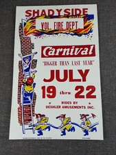 Shadyside Ohio Volunteer Fire Dept Carnival Cardboard Poster Deshler Amusements