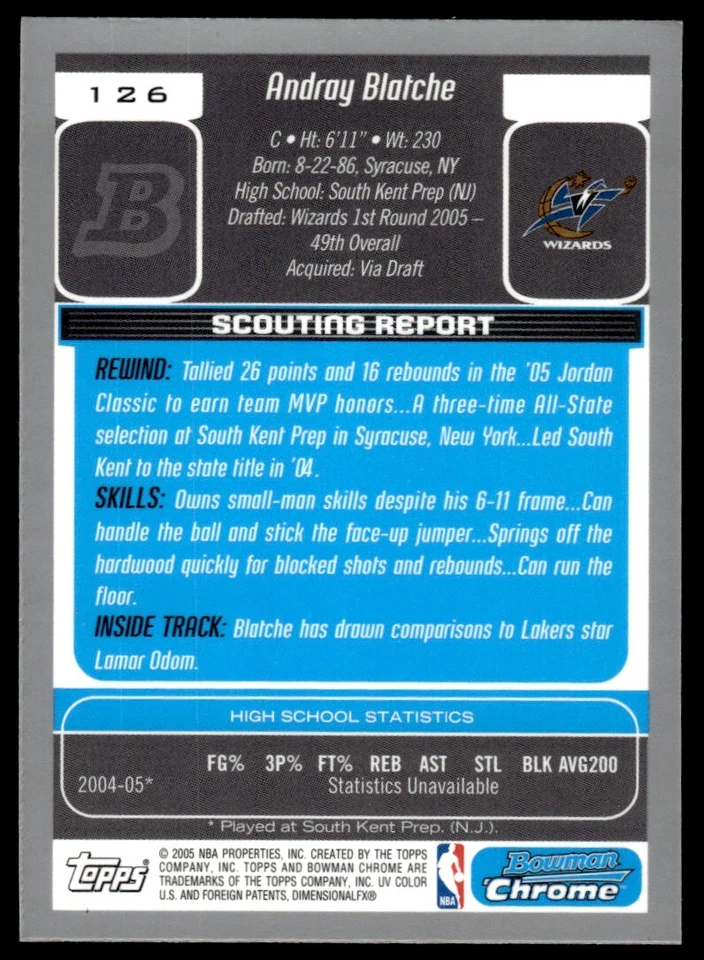 2005-06 BOWMAN CHROME ROOKIE CARD Andray Blatche Washington Wizards #126 - Image 2 of 2