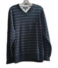 TOMMY HILFIGER Preppy Sweater Blue White Horizontal Stripes V-neck Pullover L