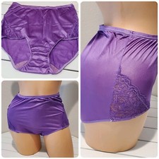 Shadowline Shiny Nylon Lace Granny Panty Brief Full Cut 7/L PURPLE Grape 17082