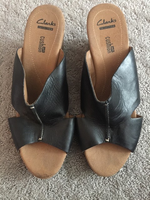 Clarks Collection Soft Cushion size 10M Cork Wedge Sandals Shoes Black Slide | eBay