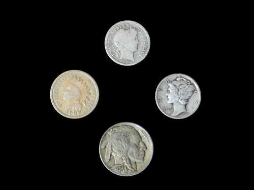4 Coin US Estate Lot Set Barber Dime Buffalo Indian Head & Mercury