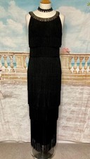 Maxi Evening Fringe Dress Black 10 Gold Sequin ROMAN Gatsby Deco Flapper