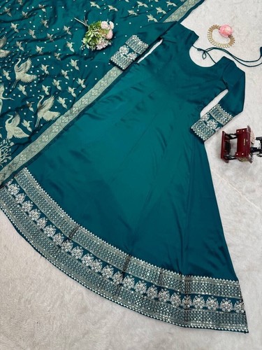 Beautiful Satin Silk Teal Green Gown With Dupatta For Indian Wedding Wear - Picture 7 of 11