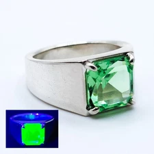 Men's Sterling Uranium Glass Ring Green Asscher Cut Signet Unisex 925 Silver