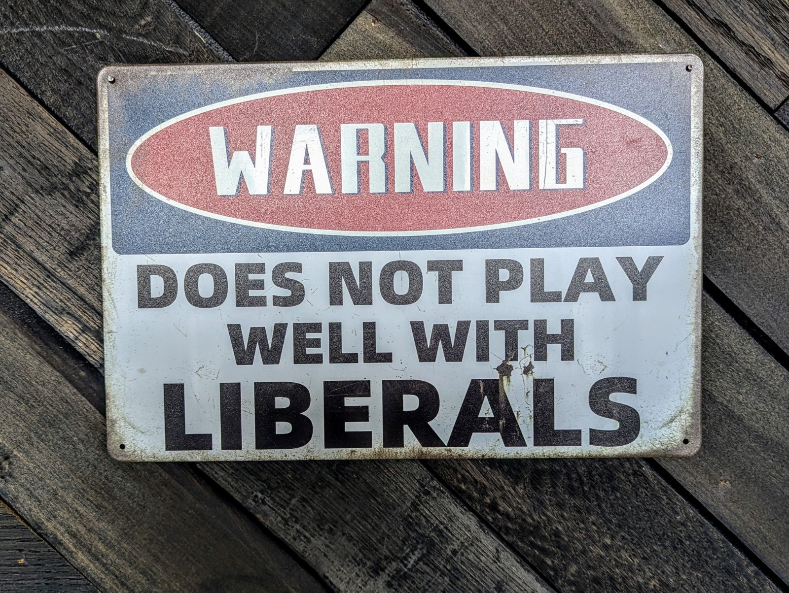 Funny Conservative Sign - Warning Does Not Play Well With Liberals - 12 x 8 in