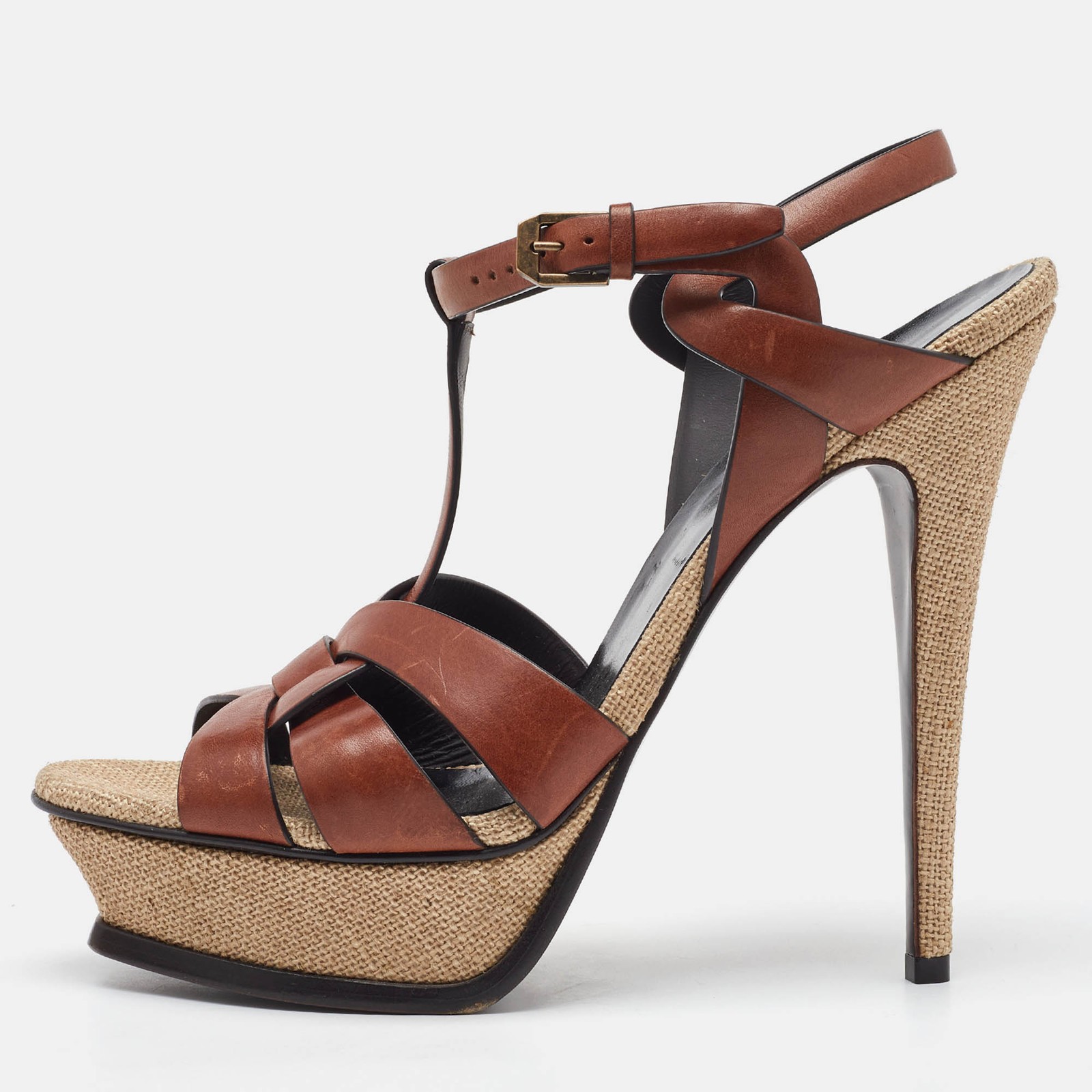 Saint Laurent Brown Leather Tribute Platform Sandals Size 41 EU