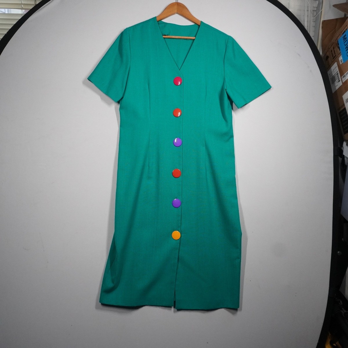 VTG Emerald Green Midi Dress Multi Color Oversized Button Front V-Neck  Teacher | eBay