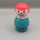 Vintage Fisher Price Little People Wooden  Girl Teal Body Plastic Head Red Hair