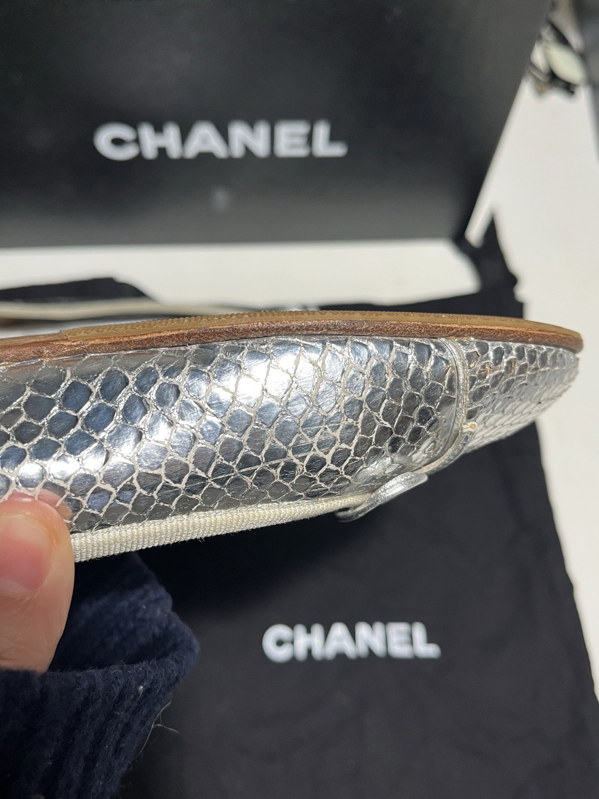 Chanel Silver Snake Python Leather Ballet Flats S… - image 14
