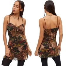 Urban Outfitters Elodie Printed Mesh Mini Slip Dress Size Small Brown Multi