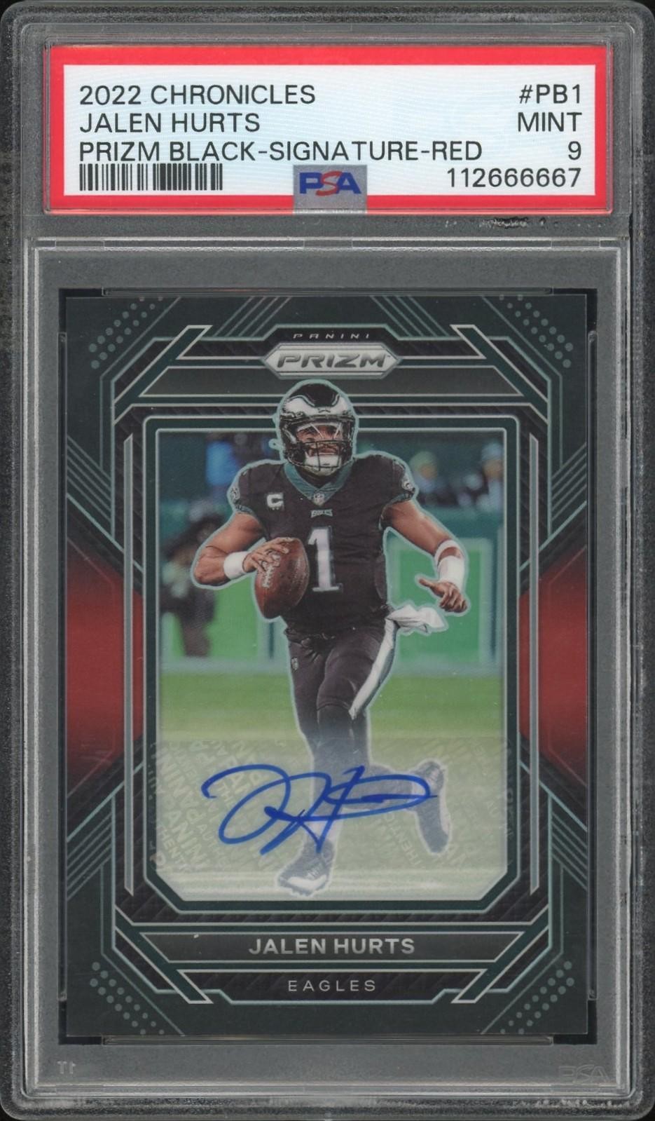 2022 Panini Chronicles Jalen Hurts Prizm Black Signature Red /99 PSA 9