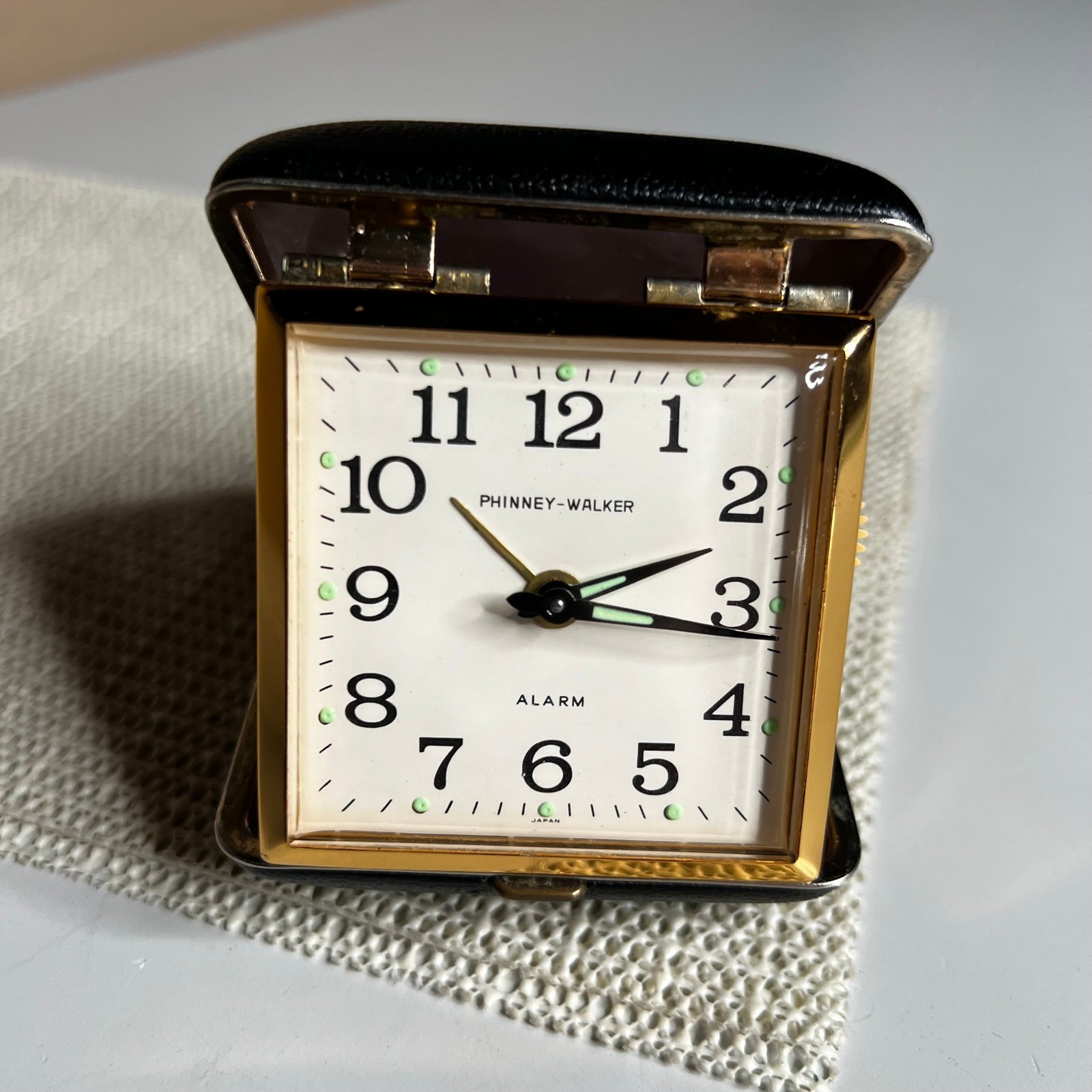 Phinney Walker Vintage Travel Alarm Clock Black Gold Folding Case Made in Japan photo
