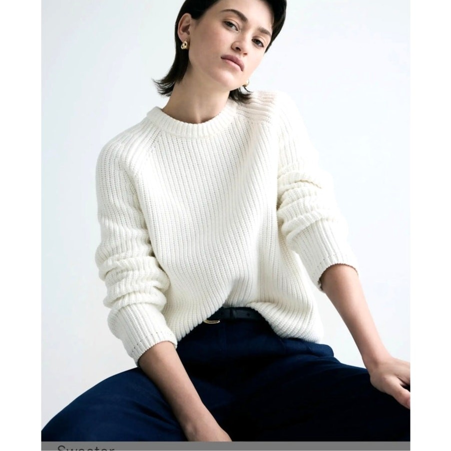 Quince Organic Cotton Fisherman Crew Sweater Ivory White Long Sleeve Sz Small