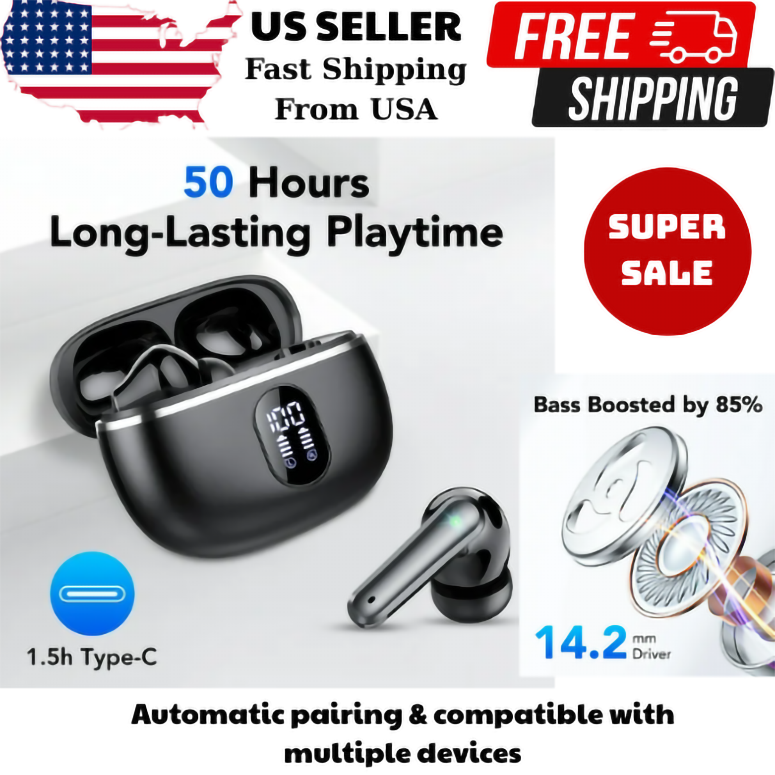 50H Wireless Earbuds w/ LED Display, IPX7 Waterproof, Mic & Charging Case-image