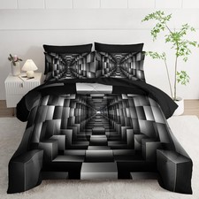 7 Piece Black and White Checkered Comforter Set Queen  Geometric Bedding Set B...
