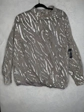 Alfani Blouse Womens XL Gray Silver Emerald Safari Metallic Jacquard Zebra Top