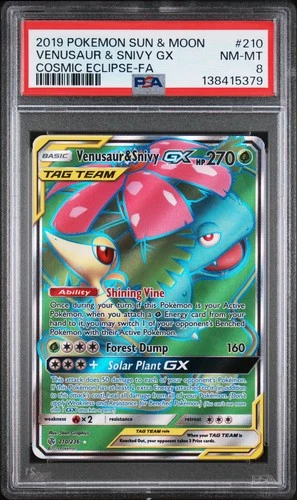 2019 POKEMON SUN & MOON COSMIC ECLIPSE #210 FULL ART/VENUSAUR & SNIVY GX PSA 8