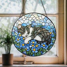 Cat Sleeping On Forget Me Not Stained Glass Suncatcher Hanging, Grey Cat Window