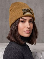 New American Flag Mustard Beanie Embroidered USA Patriotic Cuffed Winter Knit