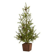 Nearly Natural 28" Alpine Natural Look Green Christmas Tree in Wood Planter