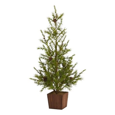Nearly Natural 28'' Alpine Natural Look Green Christmas Tree in Wood Planter