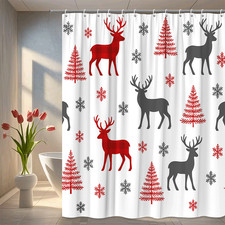 Christmas Shower Curtain with Red Deer and Snowflakes