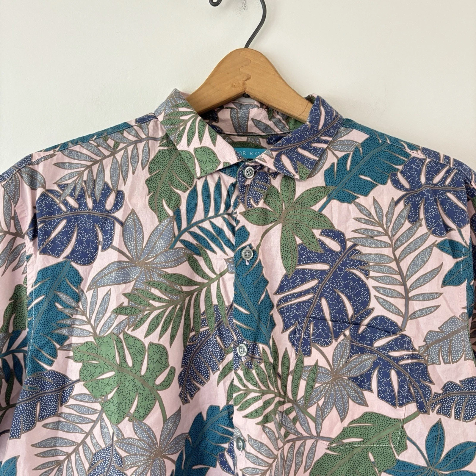 Tori Richard Hawaiian Shirt Men Large Green Floral Palms Cotton Short Sleeve