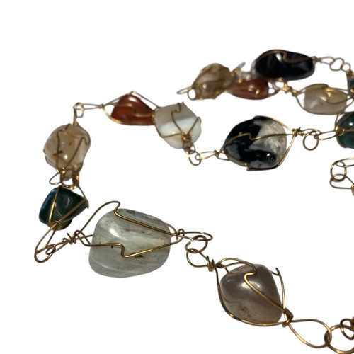 Vintage Gold Tone Caged Wire Wrapped Natural Gemstone Statement Necklace 32 Inch - Picture 13 of 20