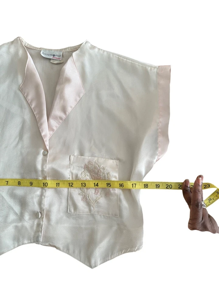 Conjunto de pijama vintage Apostrophe íntimo satinado marfil rosa bordado bolsillo DEFECTUOSO Foto 3 de 4