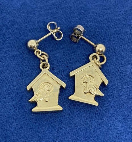 Bird House Dangle Post Earrings Gold Over Sterling