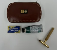 Vtg Hickok Travel Valet Gold Tone Gillette Razor Leather Case Comb Shoe Brush