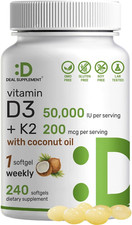 Vitamin D3 50,000 IU  K2 MK7 200 Mcg,240 Softgels  Virgin Coconut Oil, Max Str