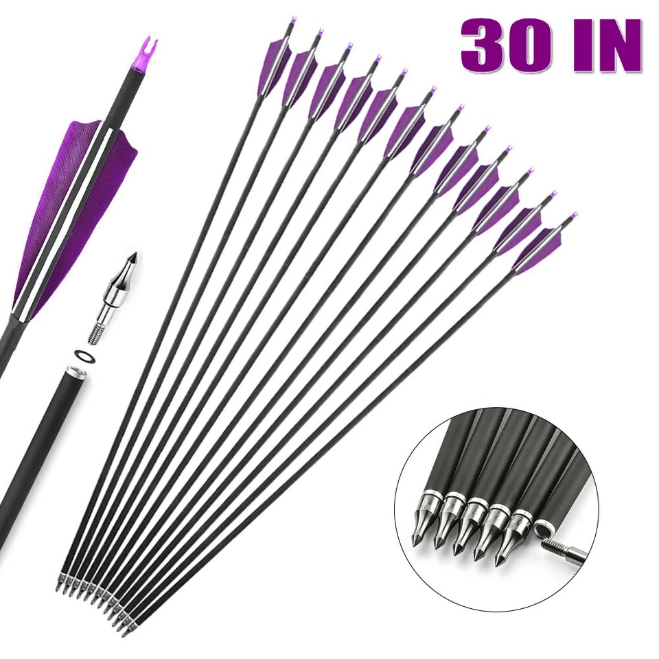 12 piezas flechas de carbono de 30 pulgadas SP500 tiro con arco de pluma de pavo para arco compuesto/curvo Foto 4 de 4