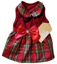 Pet Apparel Burgundy, Red, Green Plaid , Red Gem Satin Bow Puppy/Dog Dress, XS