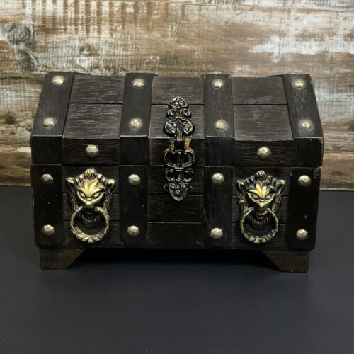 Vintage Wooden Treasure Chest Jewelry Box Pirate Theme Box Brass Lion Heads