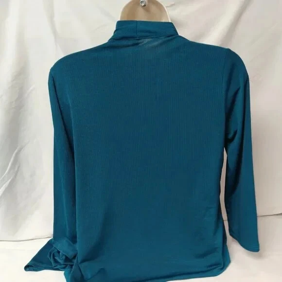 NY Collection Womens Blouse Top Petite Size M Blue Brown Half Sleeve Round Neck - Image 4 of 4