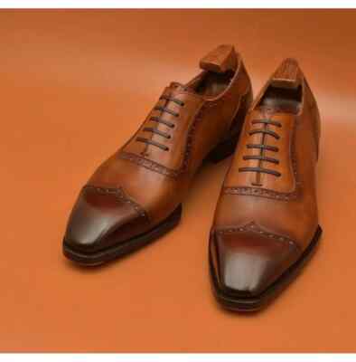 Handmade Brown Leather Formal Wing Tip Derby Brogue Office  display picture 3