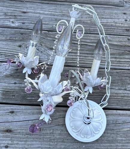 Princess Theme Three Light Chandelier Rustic White Finish Pink Glass Crystals - Picture 6 of 14
