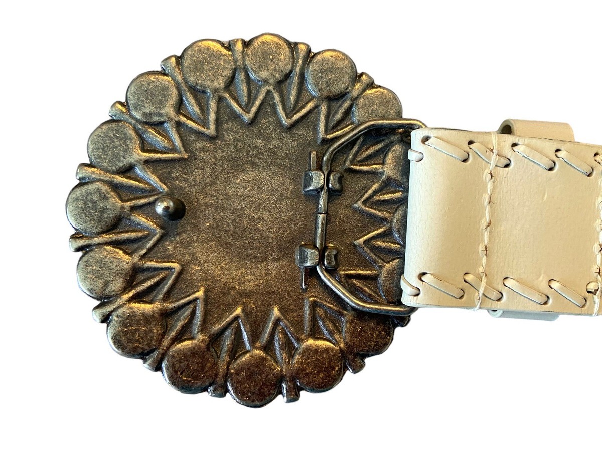 WHITE LEATHER BOHO BELT, WOOD BEAD EMBELLISHED BUCKLE  display picture 1
