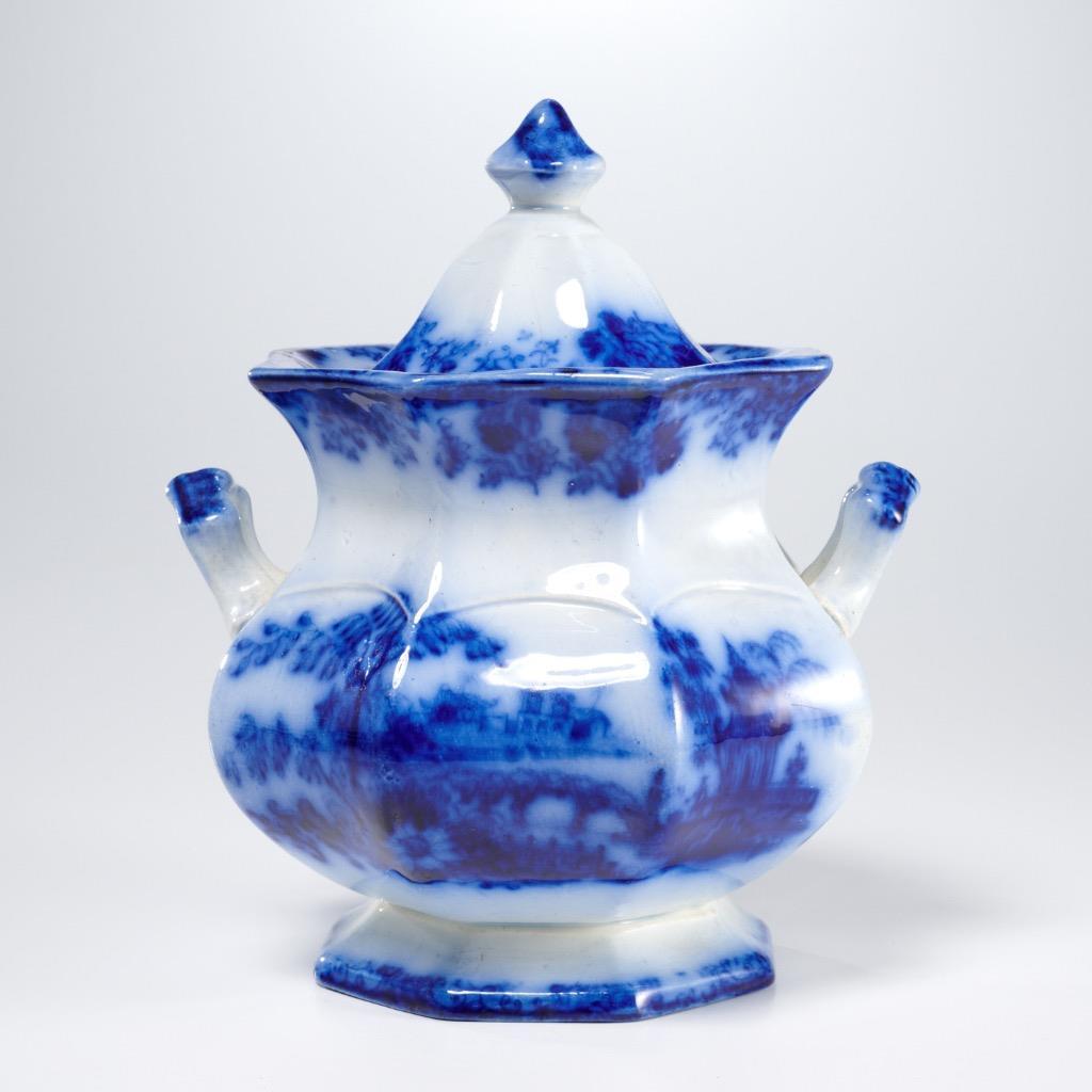 Flow Blue Antique English Cookie Biscuit Pantry Lidded Urn Jar