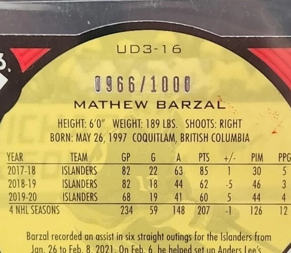 2020-21 Upper Deck Extended Series   /1000 Mathew Barzal #UD3-16  - Image 3 of 3